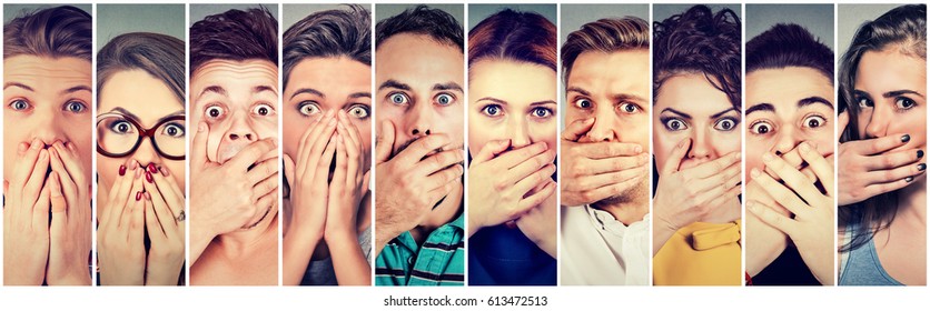 Group Of Shocked People Men And Women Covering Their Mouth With Hands 