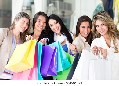 Group Of Shopping Women Looking Very Happy