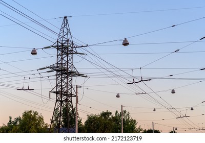 Group Silhouette Of Transmission Towers (power Tower, Electricity Pylon, Steel Lattice Tower) At Twilight In US