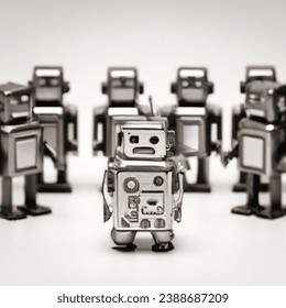 group of simple toy metal robots from behind looking at leader who stands out