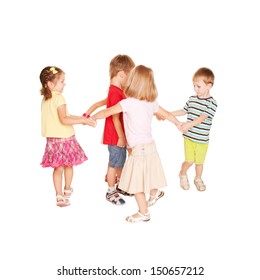 Group Of Small Kids Dancing, Holding Hands And Having Fun. Joyful Party. Childhood Concept, Ready For Your Text, Logo Or Symbols. Isolated On White Background.