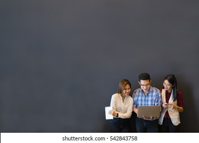 Group Of Smart Feelancer Standing Explain Work With Laptop.have Copy Space