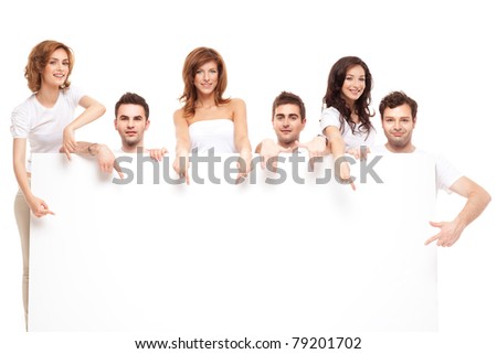 group of smiling friends advertising blanck banner
