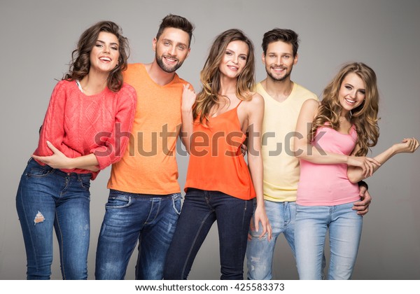 Group Smiling Friends Wear Fashionable Colorfull Stock Photo (Edit Now ...