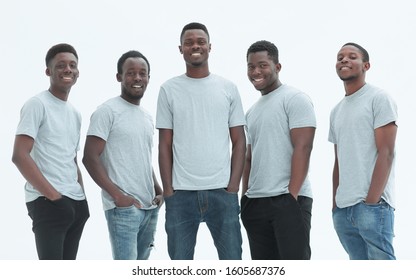 Group Of Smiling Guys Standing Together. Isolated On White