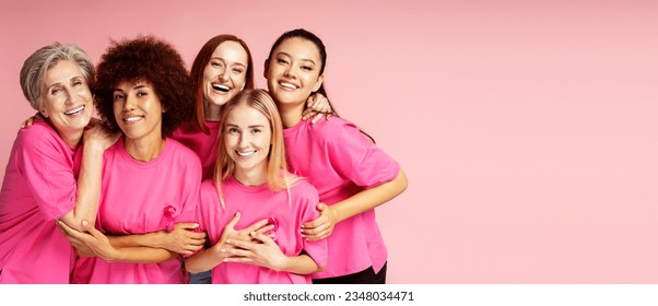 Group of smiling multiracial women wearing t shirts with pink ribbon looking at camera isolated on pink  background, copy space. Health care, support, prevention. Breast cancer awareness month concept - Powered by Shutterstock