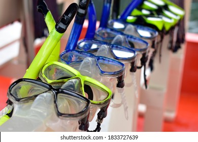 Group Of Snorkel And Mask For Diving Under The Sea . Goggles And Snorkle On A Boat
