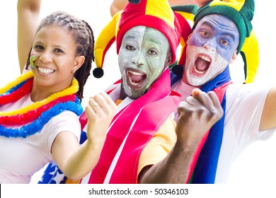 Group Of Soccer Super Fan Cheering A Game, Isolated On White