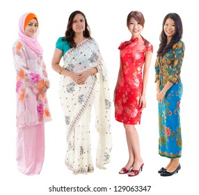 Group Of Southeast Asian Women In Different Culture. Full Body Diversity Women In Different Traditional Costume Standing On White Background.