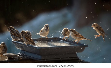 a group of sparrows bathing in a bird bath at a sunny winter day