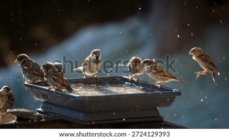 a group of sparrows bathing in a bird bath at a sunny winter day