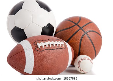 A Group Of Sports Balls On A White Background, Including A Baseball, An American Football, A Basketball, And A Soocer Ball