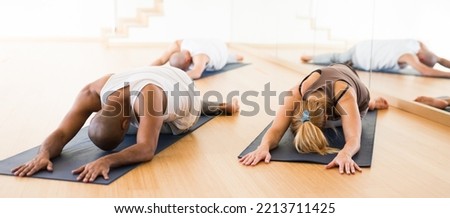 Group of sporty people practicing Hatha yoga in modern fitness studio, making stretching and relaxing exercise