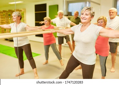 Group of sporty seniors doing rehabilitation at the ballet bar in physiotherapy