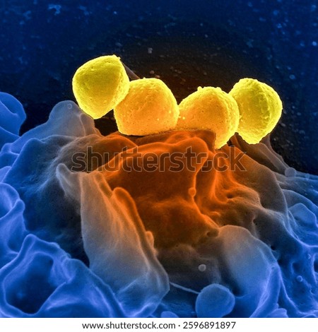 Group A Streptococcus (GAS), Streptococcus pyogenes bacteria, which were atop the surface of a human white blood cell (WBC), known as a neutrophil.