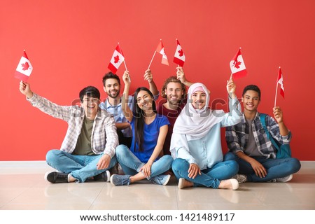 Group of students with Canadian flags sitting near color wall