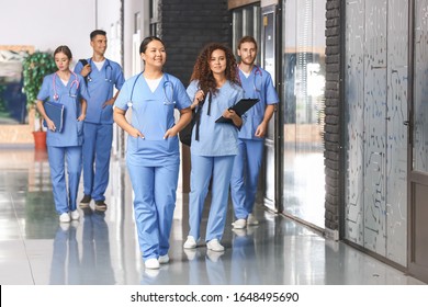Group of students in corridor of medical university