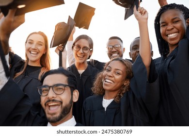 Group, students and diversity at college graduation, happiness for degree or diploma certificate. Team, graduates and celebrating for in portrait achievement at university campus, smile for knowledge - Powered by Shutterstock