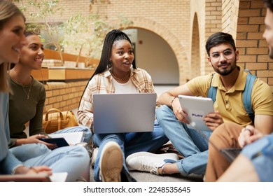 Group studying, university student and communication of research, project or schedule planning, ideas and teamwork. talking, education and diversity college friends or people collaboration in school - Shutterstock ID 2248535645