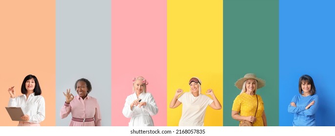 Group Of Stylish Mature Women On Color Background With Space For Text. Concept Of Ageing And Menopause