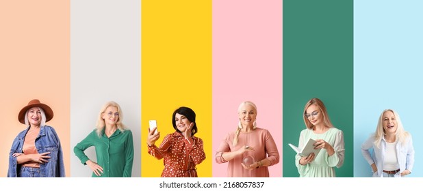 Group Of Stylish Mature Women On Color Background With Space For Text. Concept Of Ageing And Menopause