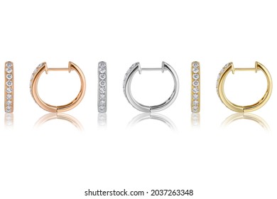 Group Subject Shot of Diamond Huggie Hoop Earrings on a White Background with Reflection. Earrings metal is 14k Rose White and Yellow Gold. 