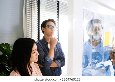Group of successful Asian businessmen teamwork. Brainstorm meeting with sticky paper notes on the glass wall for new ideas. Using agile methodology for business in a tech start-up office. - Shutterstock ID 2364760123