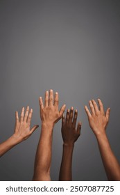 Group, support and hands in studio for vote, choice and decision of people for human rights. Teamwork, community and society campaign for equality with solidarity and mockup by gray background