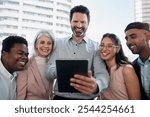 Group, tablet and happy business people in office for connection, online schedule or planning in city. Networking, men and women with website on digital app for project management, teamwork or ideas