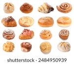 Group of tasty bakery products on white background