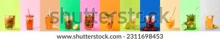 Group of tasty cold ice tea on color background