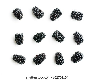 Group of tasty ripe blackberry isolated on white background. Top view.