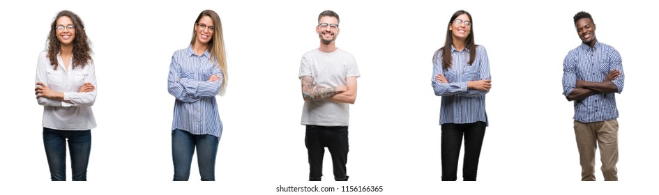 Group And Team Of Young Business People Over Isolated White Background Happy Face Smiling With Crossed Arms Looking At The Camera. Positive Person.