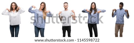 Group and team of young business people over isolated white background looking confident with smile on face, pointing oneself with fingers proud and happy.