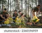 group of teenage friends gen Z male and female caucasian men women picking up waste garbage plastic bottles and paper from the forest cleaning up nature in sunny day environmental care ecology concept