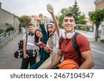 group of teenage students gen z in front of school university male and female friends caucasian man and woman teenagers in front of campus or wait for the class back to school concept