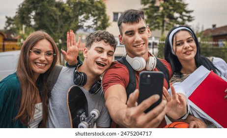 group of teenage students take selfie self portrait in front of school university male and female friends caucasian man woman teenagers in front of campus wait for the class back to school concept - Powered by Shutterstock