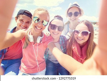 Group Teenagers Making Fun Selfie Together Stock Photo