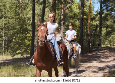 Group Of Teenagers On Horseback Riding In Summer Park.