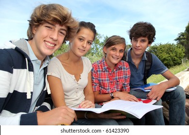 Group Of Teenagers Studying Outside The Class