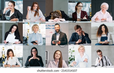 Group Teleconference. Video Call. Corporate Webcast. Collage Of Diverse Business Team Working On Project Online In Virtual Office On Screen.