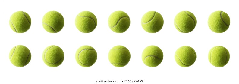 Group of tennis balls in different cut out views with white isolated background