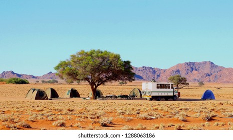 Group Of Tents And 4x4 Offroad Safari Truck Under Acacia Tree, Desert Camping Scene In Namib Naukluft National Park, Sossusvlei, Namibia, Africa