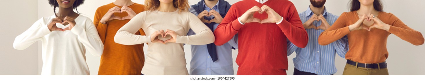 Group Of Thankful Youth And Senior Citizens Showing Love And Support And Sending Gratitude. Banner With Midsection Shot Of Young And Mature People Doing Heart Shape Hand Gesture