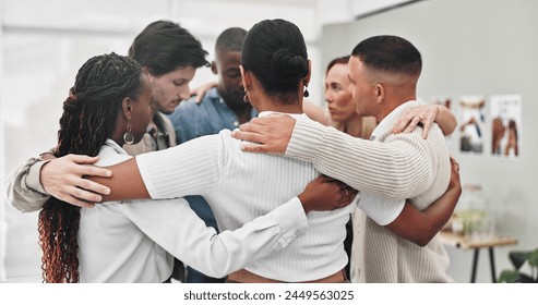 Group therapy, counseling and people hug in rehabilitation center for support, empathy or solidarity. Help, psychology and friends with safety prayer circle for trauma healing, gratitude or thank you - Powered by Shutterstock