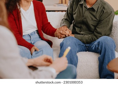 group therapy of couple psychologist moral support and mental health. close up of hands and handshakes at session psychotherapist. women and men care for support each other. depression and addiction