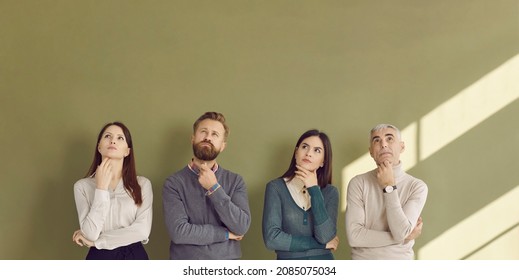 Group Of Thinking People Trying To Answer Hard Question. Four People With Pensive Face Expressions Standing In Row With Hands On Chins And Looking Up At Green Text Copyspace For Thought Bubbles Above