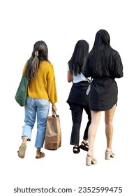 A group of three beautiful young girls walking down the street after shopping at the mall in summer clothes carrying a paper bag. Cutouts people for 3d renderings and architectural visualizations - Shutterstock ID 2352599475