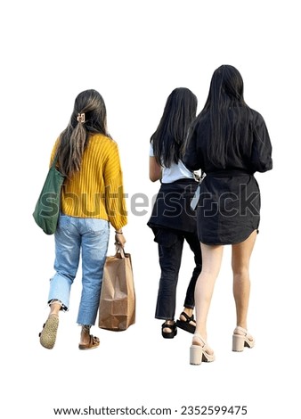 A group of three beautiful young girls walking down the street after shopping at the mall in summer clothes carrying a paper bag. Cutouts people for 3d renderings and architectural visualizations
