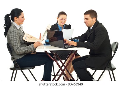 Group Of Three Business People Sitting At Table In A Cafe Shop And Reading Newspaper,reading Documents Or Searching On Laptop Isolated On White Background